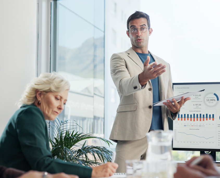 Presentation, Computer Screen And Business People In Office For Company Profit