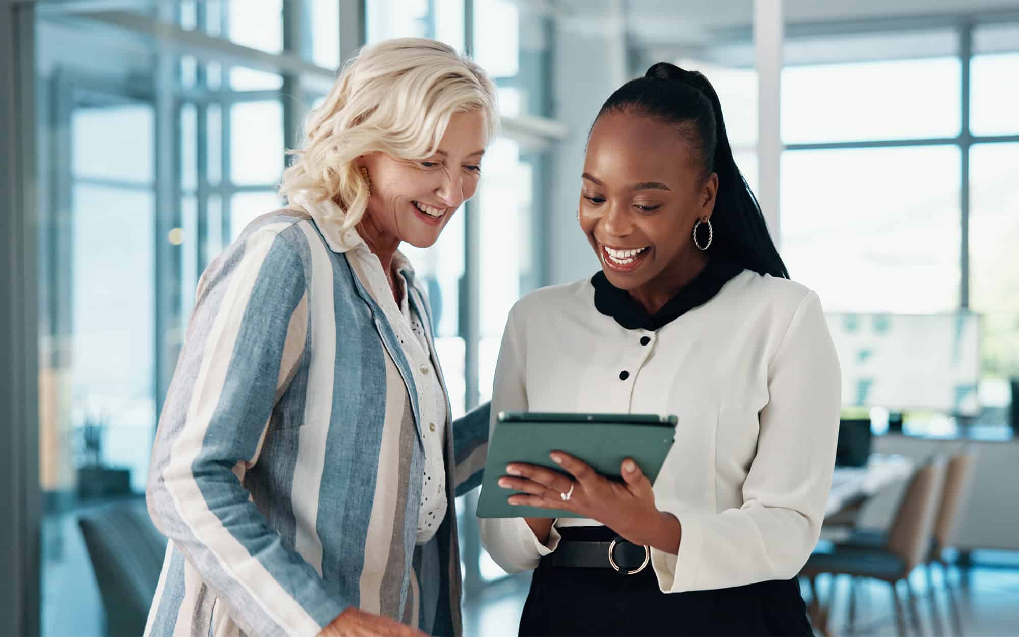 Tablet, Cooperation And Business People In Office, Conversation And Email With Positive Feedback
