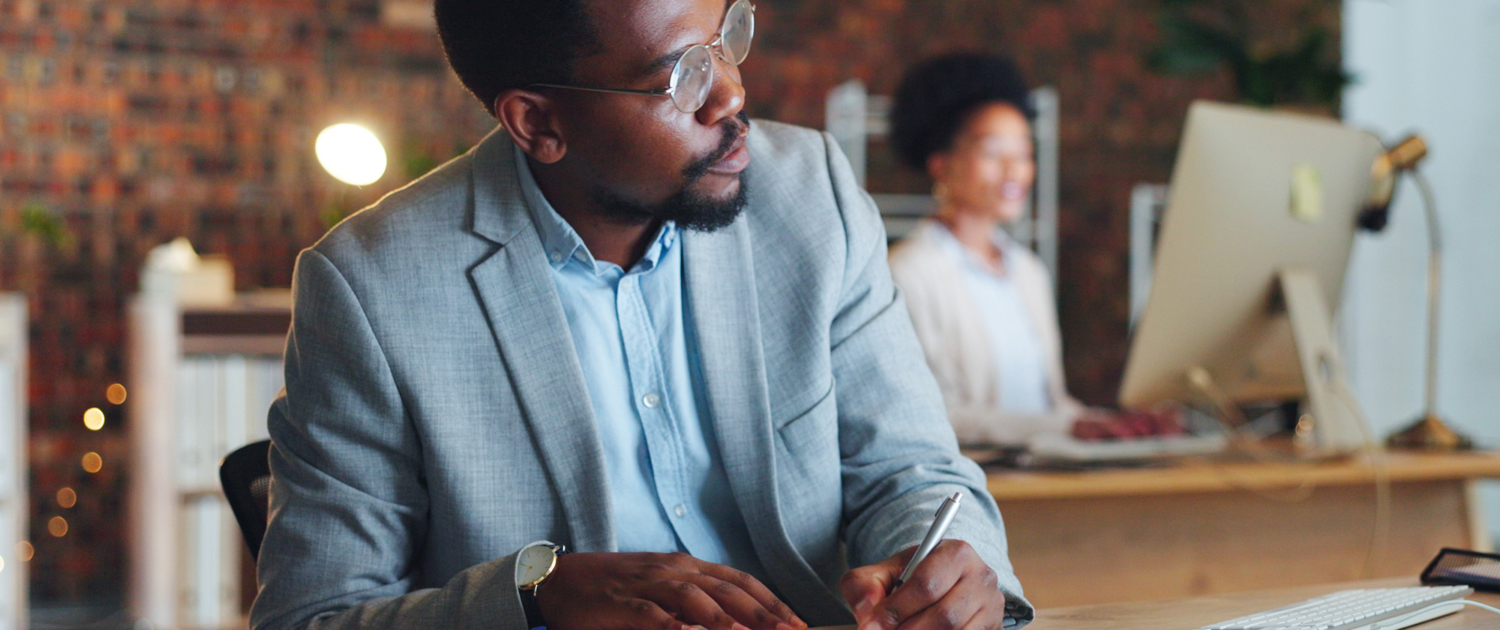 Planning, Black Man And Writing Notes In Office With Business Agenda