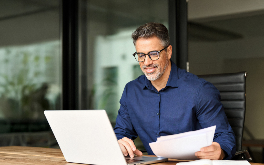 Happy Busy Older Professional Businessman Entrepreneur Using Laptop